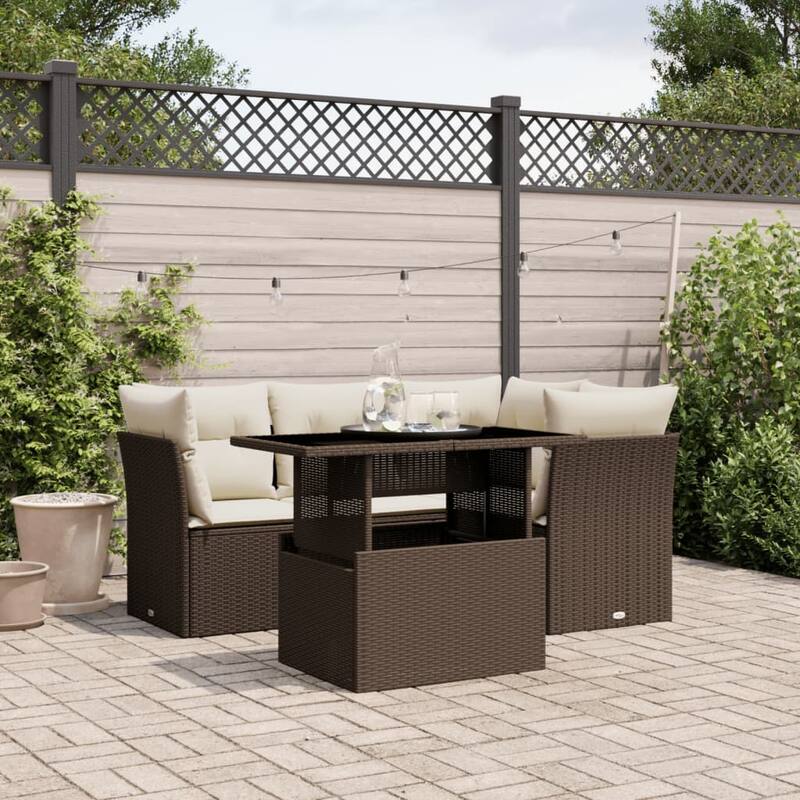 vidaXL Patio Sofa Set with Cushions Outdoor Furniture 5 Piece Poly Rattan - Brown and cream
