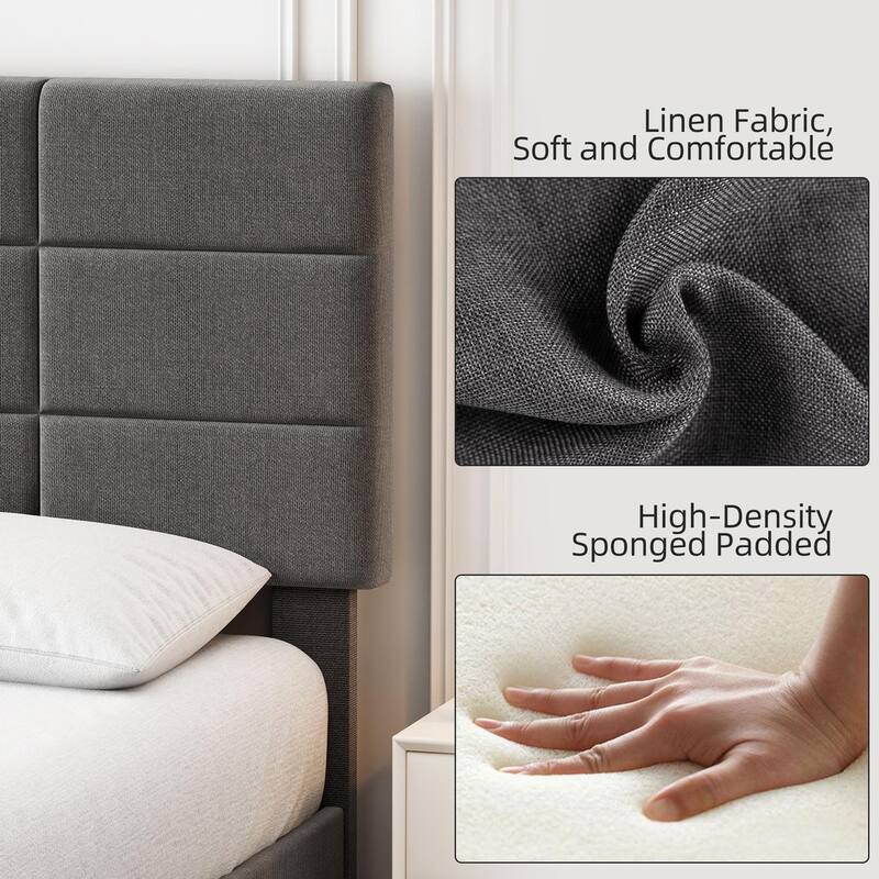 Linen Upholstered Twin Bed Frames with Solid Wooden Slats Support