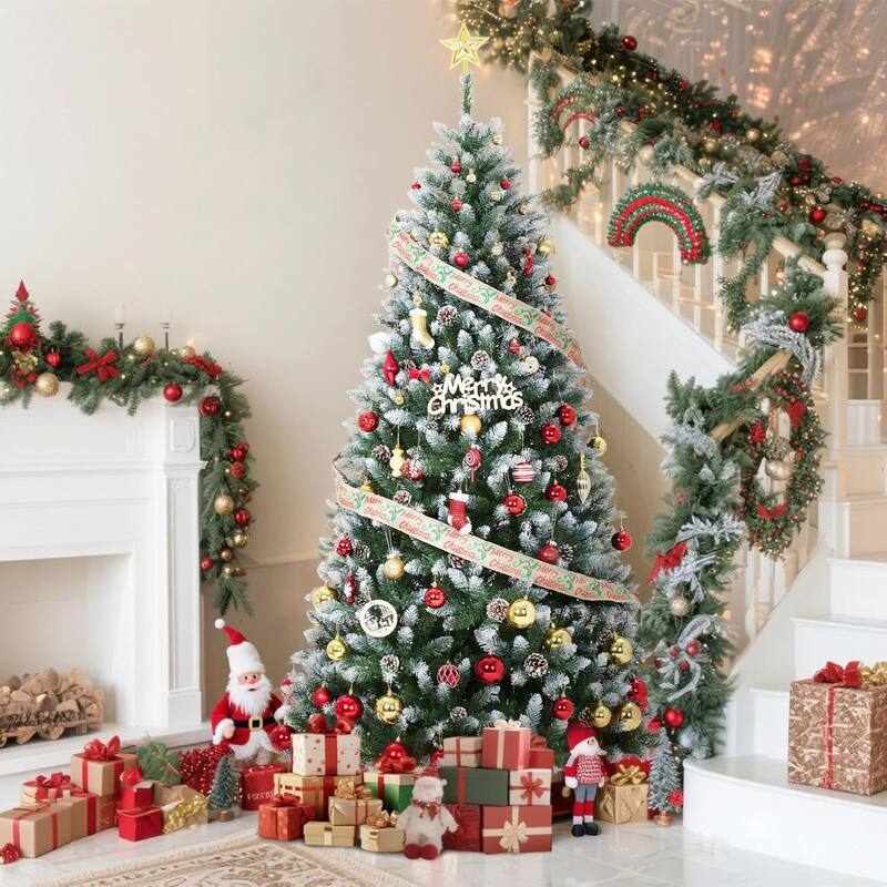 Christmas Tree, Pre-Lit 4.5 Ft Artificial Pine with LED Lights, Hinged Holiday Tree with Foldable Metal Base for Home