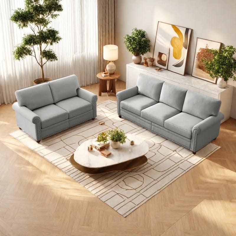 2-Pieces 5-Seat Linen Sectional Sofa Set (2+3) with Hidden Storage & Solid Wood Frame - Grey