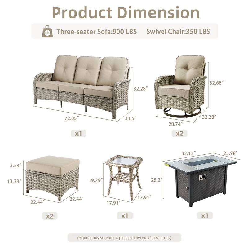 OVIOS 7-piece Patio Wicker Conversation Furniture Set With Fire Pit