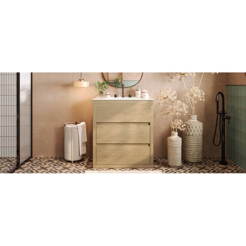 30" Vanity with Sink and 2 Full-Extension Drawers,Freestanding Vanity with 45°,Soft Close Undermount Drawer Slides