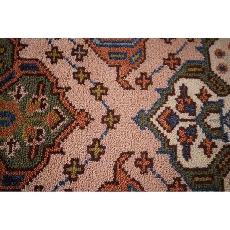Pink Geometric Kazak Oriental Runner Rug Hand-Knotted Wool Carpet - 2'6"x 9'11"