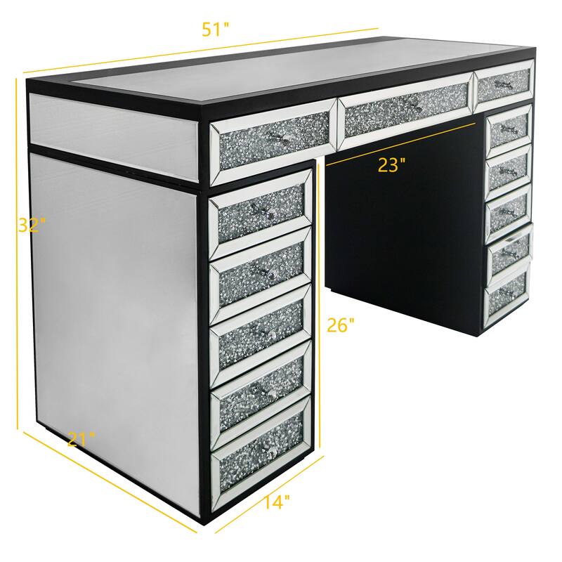 Mirrored Finish Vanity Desk Dresser with 13-Drawer