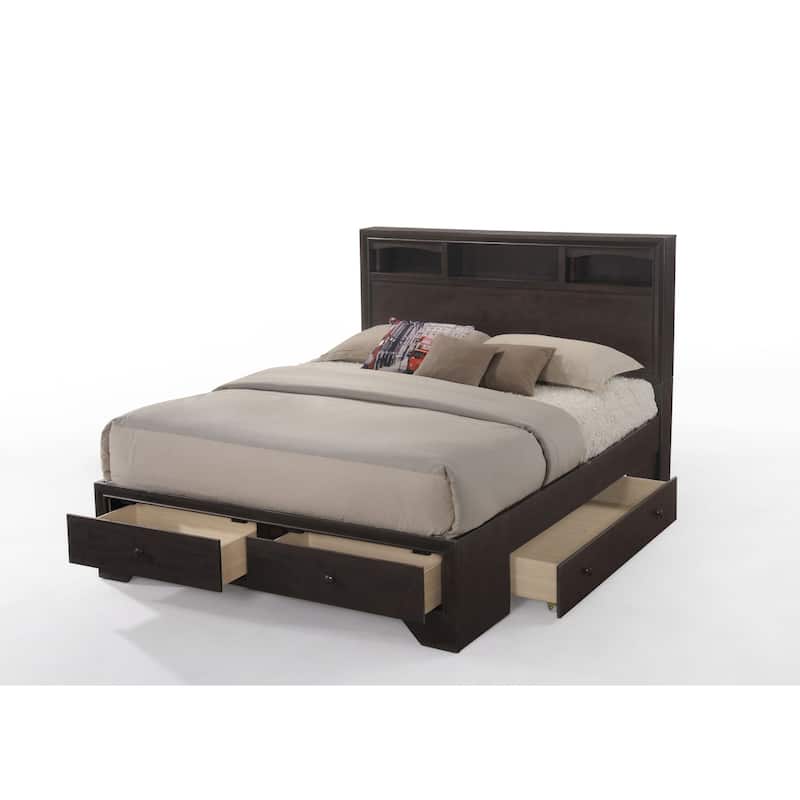 Espresso Finish Queen Bed with Bookcase Headboard and 4 Storage Drawers