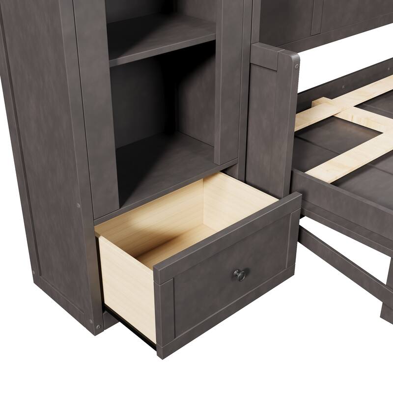 GDFStudio - Modern Wooden Queen Murphy Platform Bed with Side Cabinets, Drawers and LED