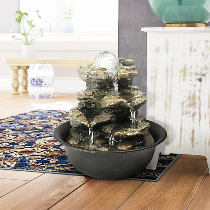 8.3-inch H 4-Tier Cascading Rock Falls Tabletop Water Fountain w/Light