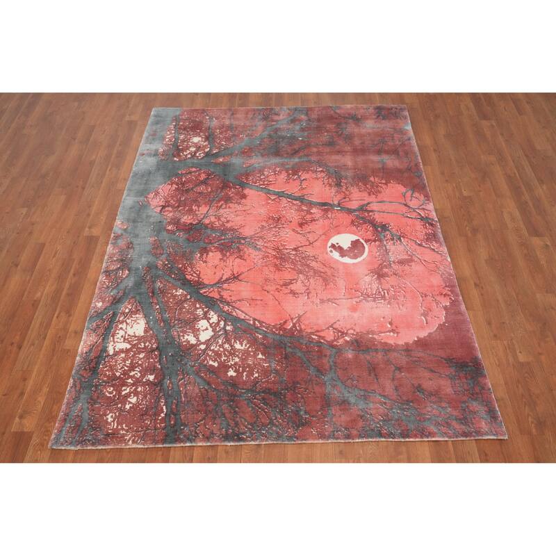 Hand Knotted Oriental Viscose Silk Carpet Modern Pictorial Pink Abstract Area Rug - 7' 2'' X 5' 3''
