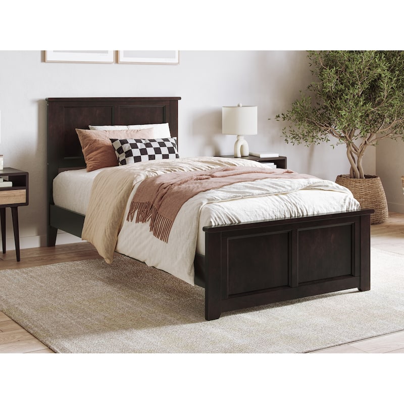 Espresso Twin XL Solid Wood Low Profile Platform Bed with Matching Footboard and Turbo Charger Included