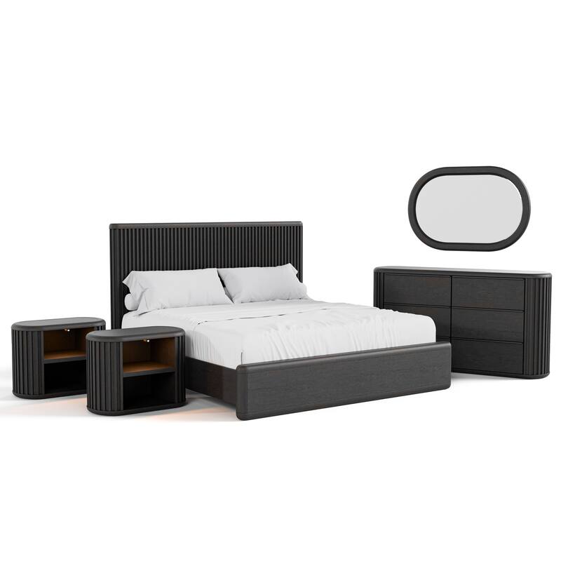 Furniture of America Caelan I Modern 5-Piece Black Solid Wood Fluted Panel Bedroom Set with Motion Light