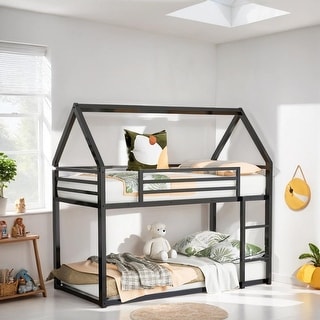 Twin over Twin Bunk Bed with Built-in Ladder, House-shaped Bed wtih Safety Guardrail, Kid's Friendly Style, Black