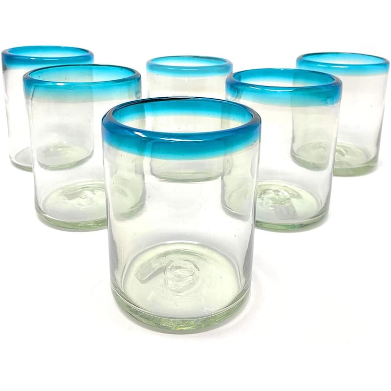 Dos Sueños Hand Blown Mexican Drinking Glasses - Set of 6 Tumbler Glasses with Aqua Blue Rims (10 oz each) - Aqua - Set of 6