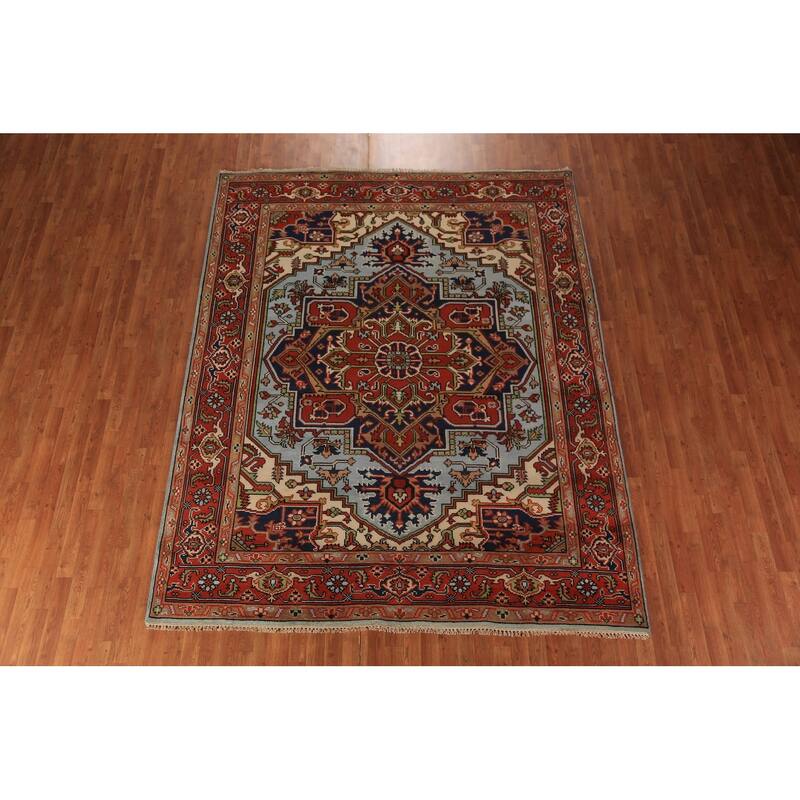Geometric Heriz Serapi Indian Rug Hand-Knotted Blue Wool Carpet - 7'11"x 9'9"