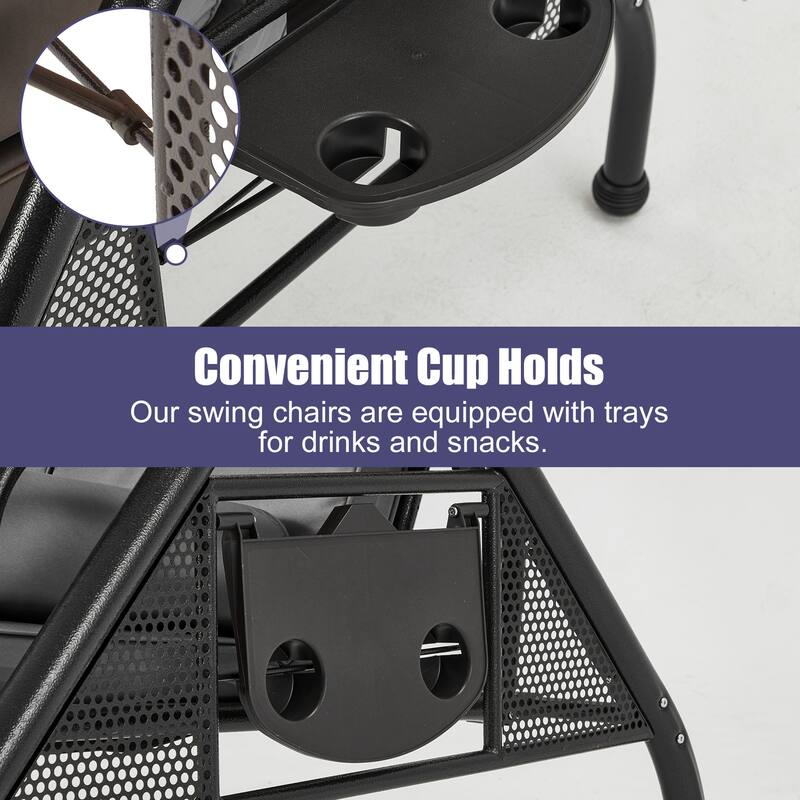 3-Seat Outdoor Porch Swing with Adjustable Canopy & Stand, Convertible Bed, All-Weather, Thickened Cushions & Cup Holders