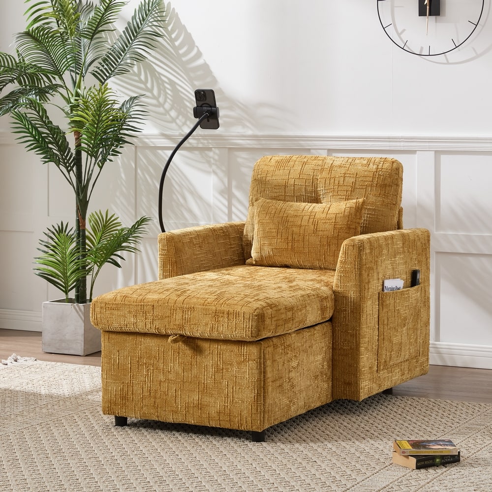 HOMEFUN Chenille Upholstered Storage Lazy Single Leisure Chair Sofa with Phone Holder
