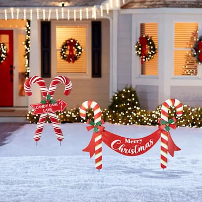 Glitzhome 30"H Metal Merry Christmas Candy Cane Yard Stake Wall Decor