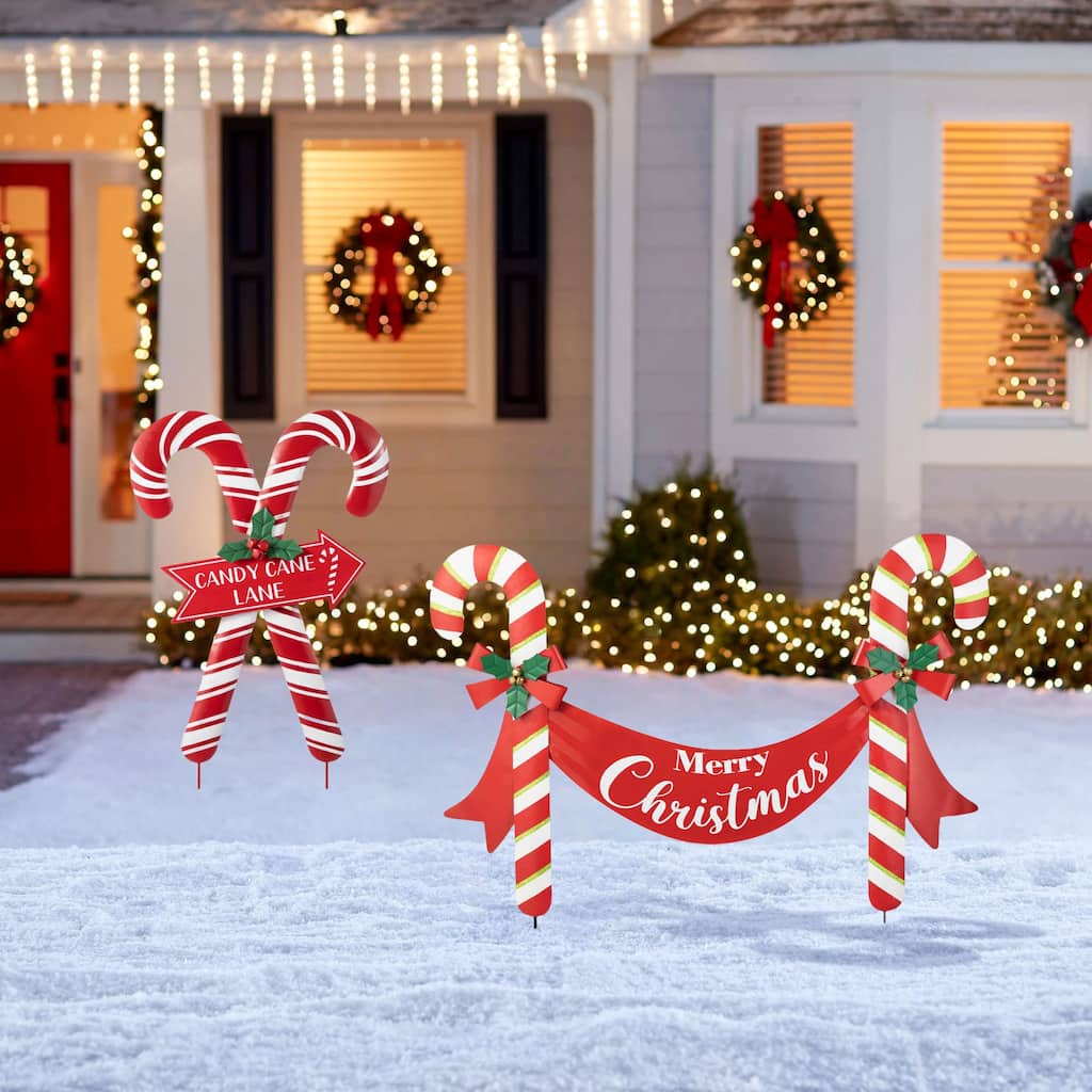 Glitzhome 30"H Metal Merry Christmas Candy Cane Yard Stake Wall Decor