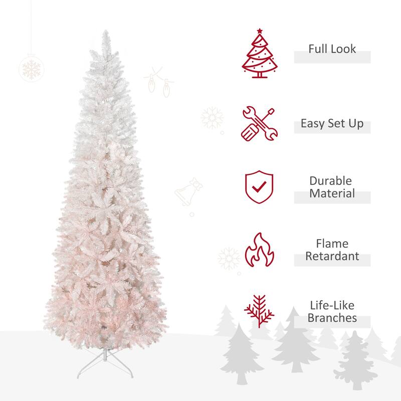 6ft Slim Pencil Christmas Tree, Pink and White Gradient, Realistic Branches & Sturdy Steel Base
