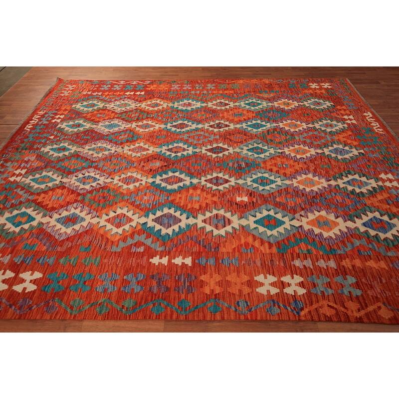 Reversible Orange Kilim Oriental Area Rug Hand-Woven Wool Carpet - 8'3" x 9'9"