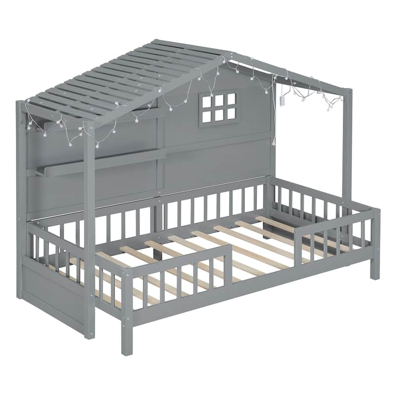 Grey Twin House Bed with Shelves and Light
