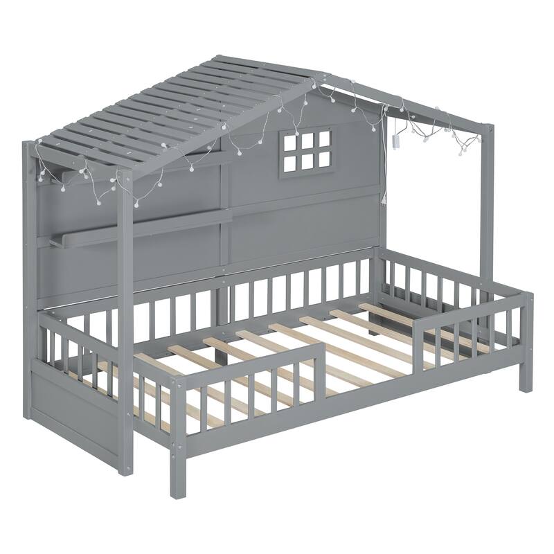 Twin Size House Bed with Shelves, Gray Wood Platform Bed with Window & Sparkling Light Strip on The Roof, No Box Spring Needed