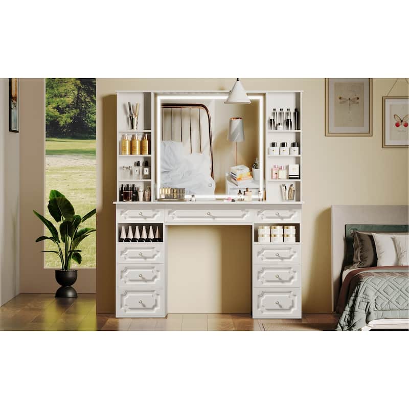 White/ Black Makeup Vanity with Lighted Mirror,Extra Large Vanity Desk with 9 Drawers,European Style Vanities