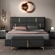 preview thumbnail 1 of 30, Queen Size Bed Grounding Platform Bed with Hydraulic Storage Upholstered Low Profile Bed Wingback Bed with Metal Legs Black PU with Ottoman - Queen