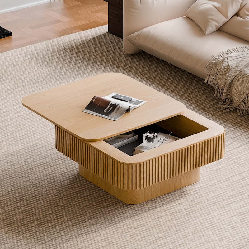 Modern Fluted Solid Wood Accent Coffee Table with Hidden Storage