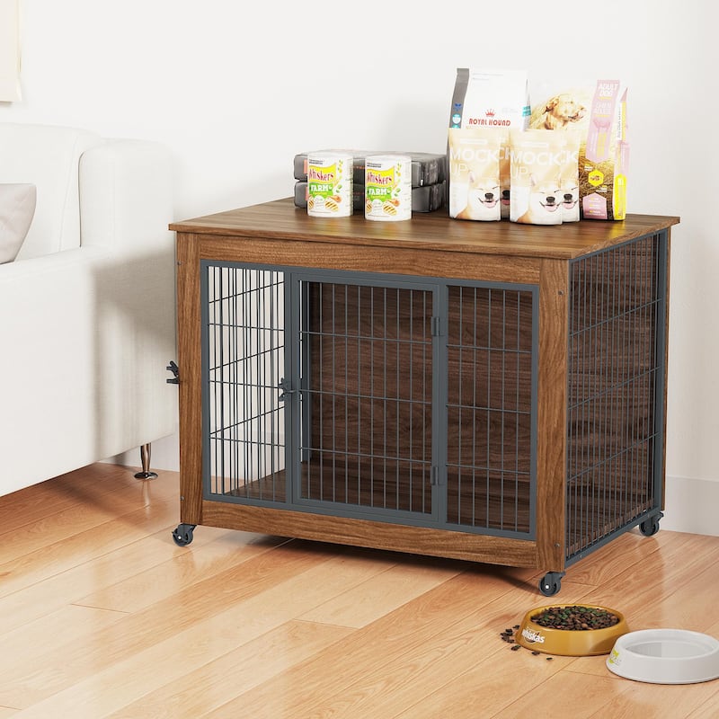 38.6" Dog Crate Furniture with Wheels for Small Dogs, Heavy Duty Dog Kennel Indoor with 2 Doors, Wooden Pet Cage End Table