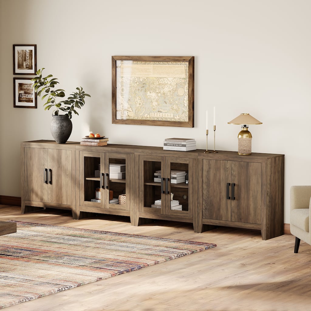 WAMPAT Farmhouse Buffet Cabinet with Glass Doors, 4-Piece Modular Sideboard with Adjustable Shelves