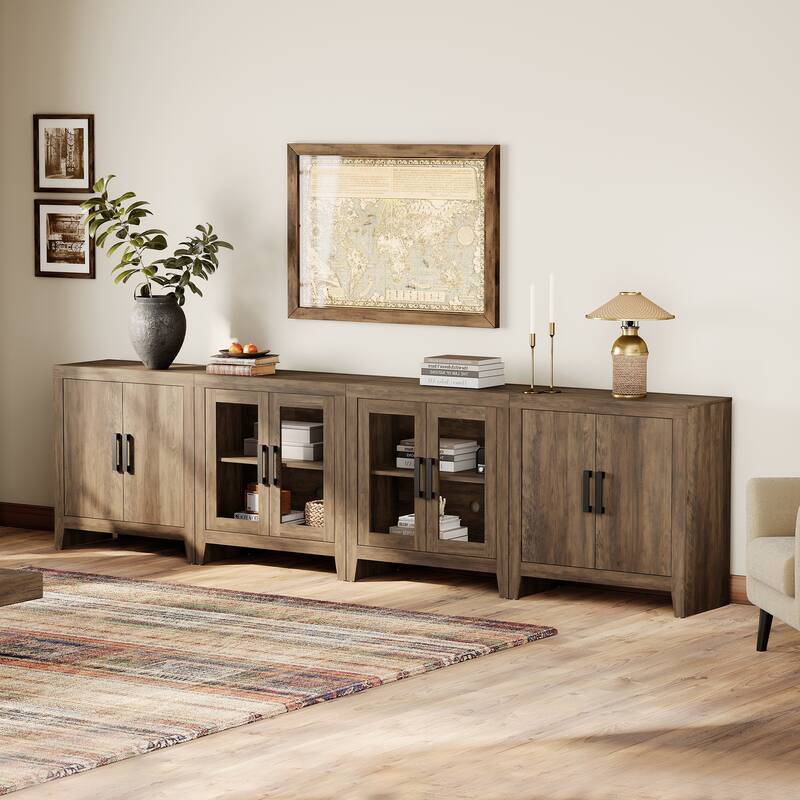 WAMPAT Large Farmhouse TV Stand with Glass Door & Cabinet Storage, Rustic Media Console for up to 110-inch TVs