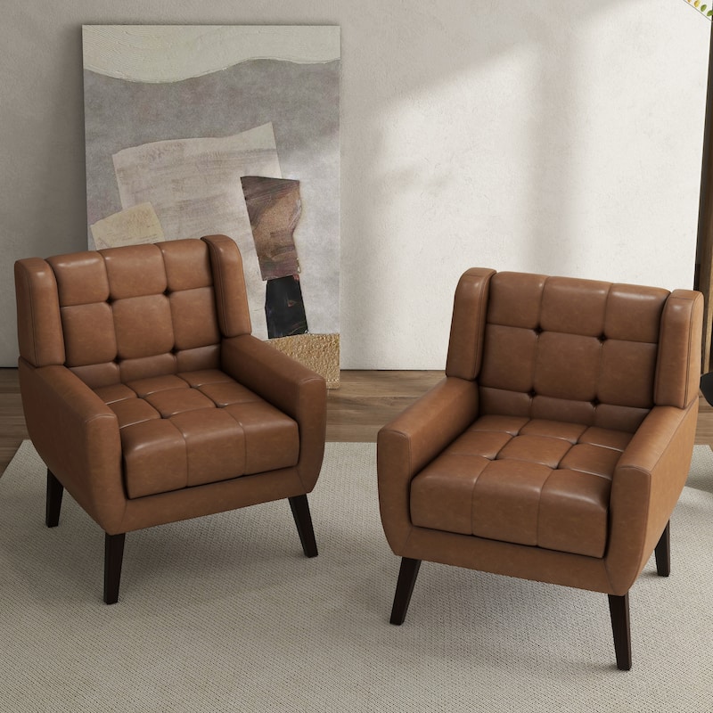 Tufted Wingback Accent Chairs Linen/Faux Leather/Velvet Armchairs Set of 2