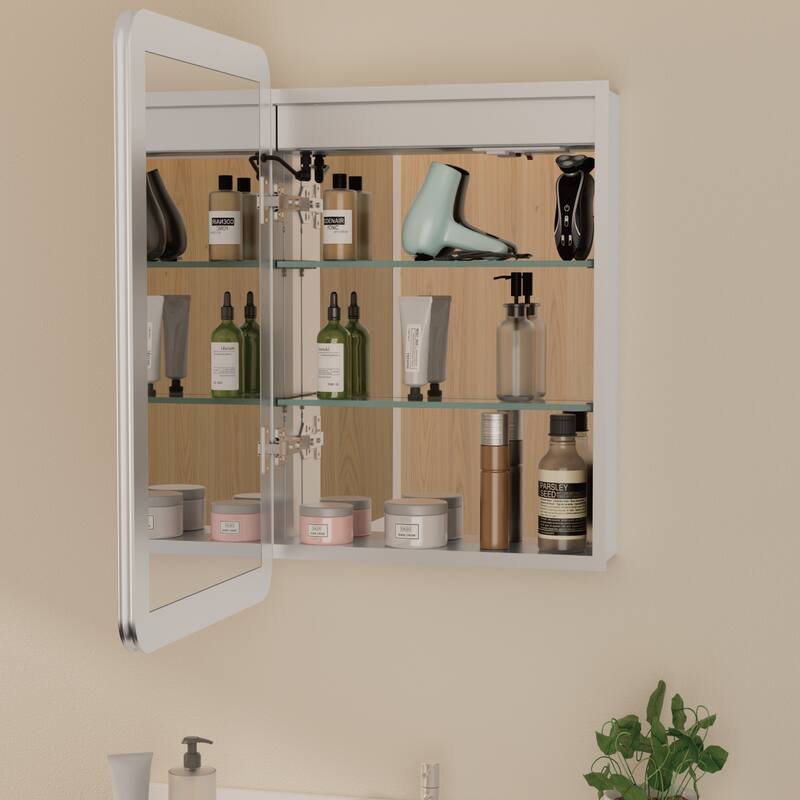 Rounded Edge LED Medicine Cabinet with Mirror, Dimmable, Anti-fog, Adjustable Shelves, Recessed or Wall Mount, ETL Certified