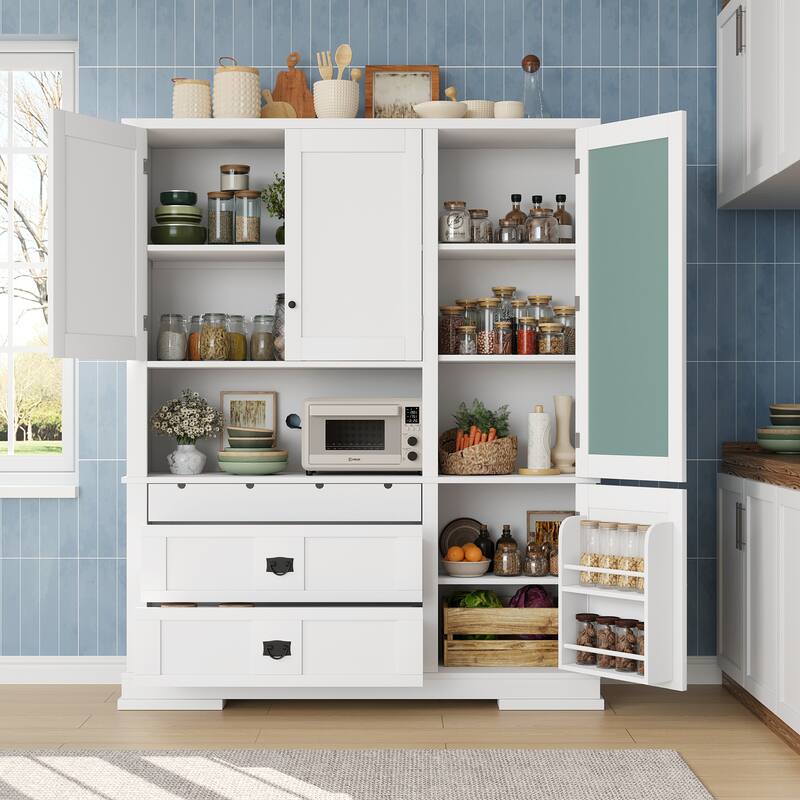 Roomfitters 78 Inch Large Kitchen Pantry Storage Cabinet with Microwave Station and Drawers, Shaker Style