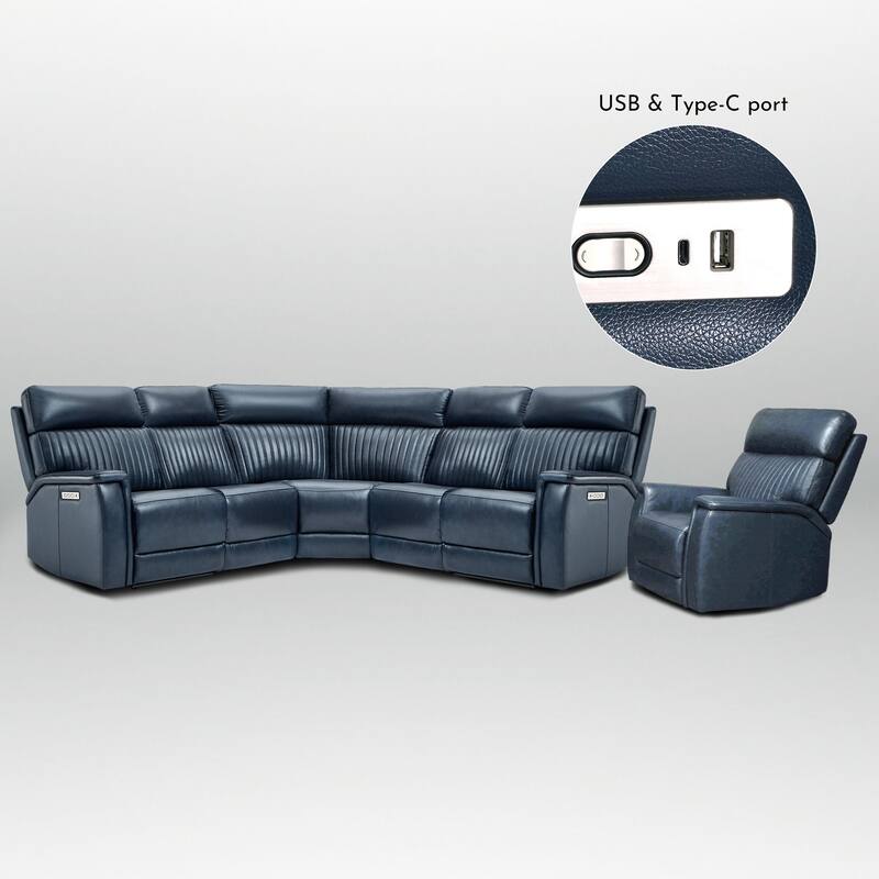105" W Genuine Leather Power Reclining Sectional and Recliner Sofa Set with USB&USB-C Port, 1 Power Armlesschair