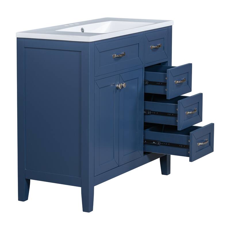36" Grey Bathroom Vanity with Ceramic Sink, Cabinet, 3 Drawers & Black Handles, Freestanding Modern Design