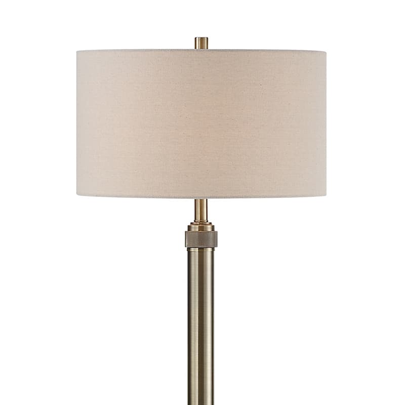 Modern Floor Lamp, White Linen Drum Shade, Brass Metal Pole, Round Base