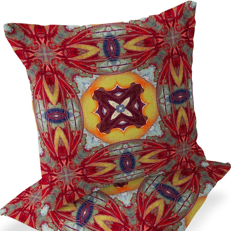 HomeRoots Set of Two 16" X 16" Green and Red Blown Seam Floral Indoor Outdoor Throw Pillow - 16.00' X '16.00' X '5.00