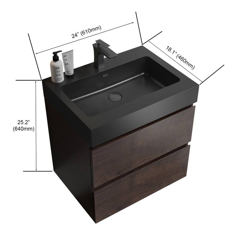 24"Bathroom Vanity with Sink,Storage Wall Mounted Floating Bathroom Vanity,One-Piece Black Sink Basin without Drain and Faucet