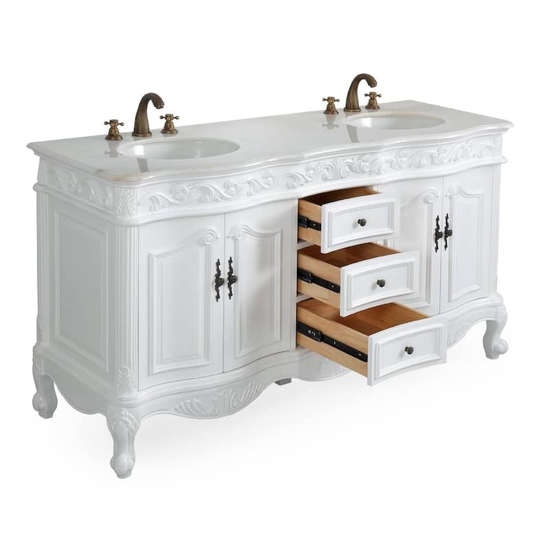 Benton Collection 64 Inch Antique White Traditional Style Double Sink White Top Beckham Bathroom Vanity - 64 inch