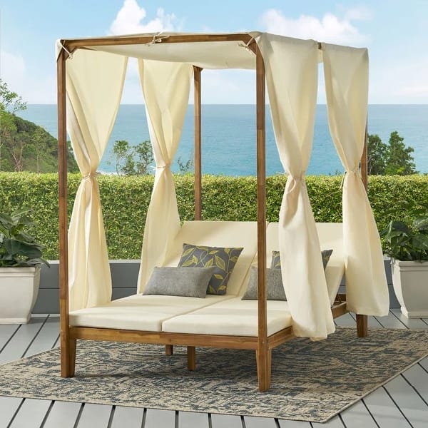 slide 2 of 5, Wood Canopy Daybed with Water-Resistant Curtains, Adjustable Chaise Lounges, Slat Paneling, Outdoor Patio Teak+Beige
