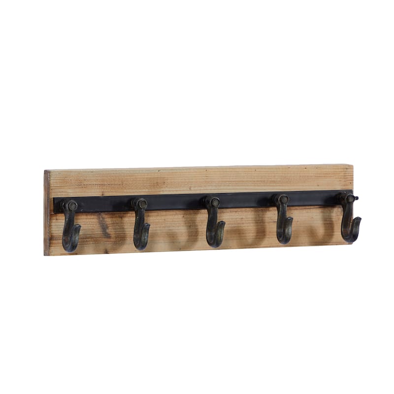 Wood 5 Hanger Wall Hook with Black Metal Hardware - Brown - Roche River Decor - 4"W x 24"L x 6"H