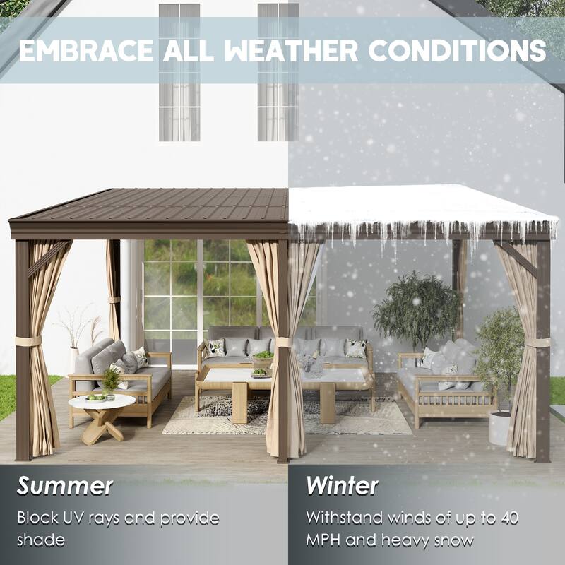 12x16 ft Rectangle Gazebo Sloping Galvanized Steel Roof Hardtop Gazebo with Curtains and Netting