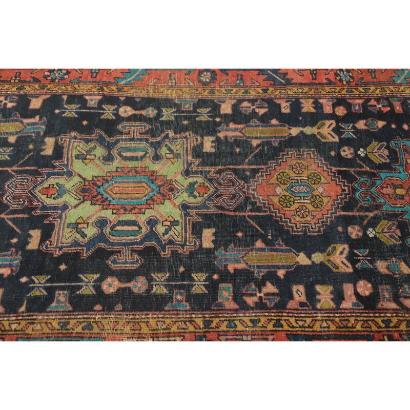 Hand Knotted Oriental 100% Wool Carpet Traditional Geometric Navy Blue & Blues Tabriz Runner Rug - 10' 11'' X 3' 4''