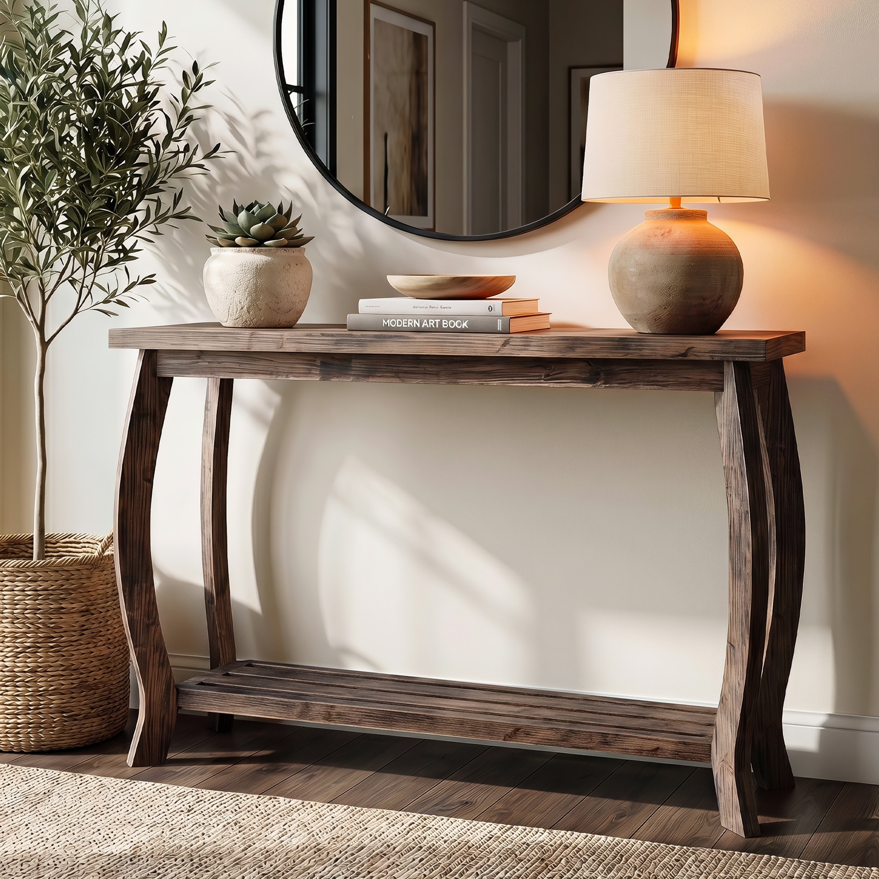 Solid Wood Console Table, 41 Inch 2-Tier Farmhouse Entryway Table with Storage, Sofa Tables for Living Room Hallway Bedroom