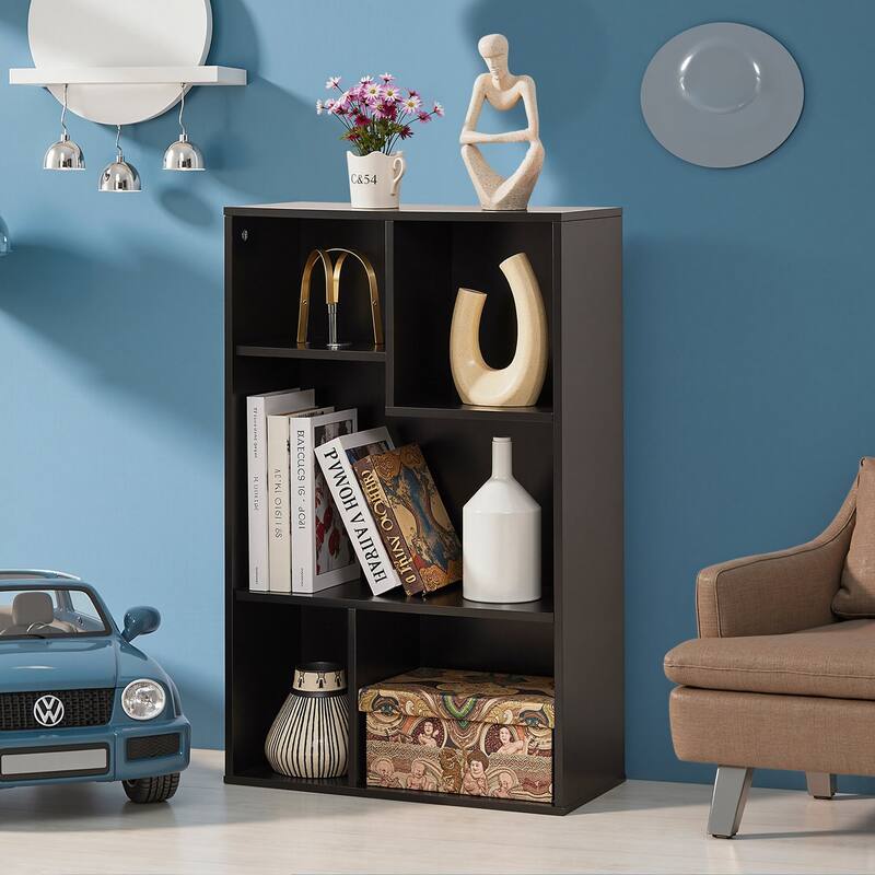 VECELO Widened Version, 3-Tier Five Open Cube Wooden Bookcase Organizer, Bookshelf, Book Storage