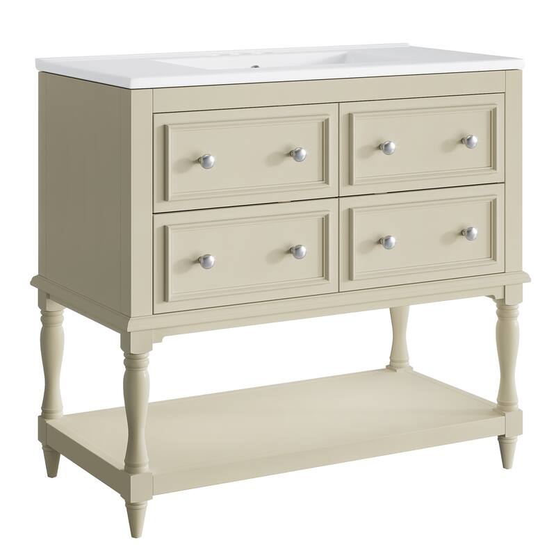 36" Modern Bathroom Vanity with Ceramic Basin, 4 Drawers