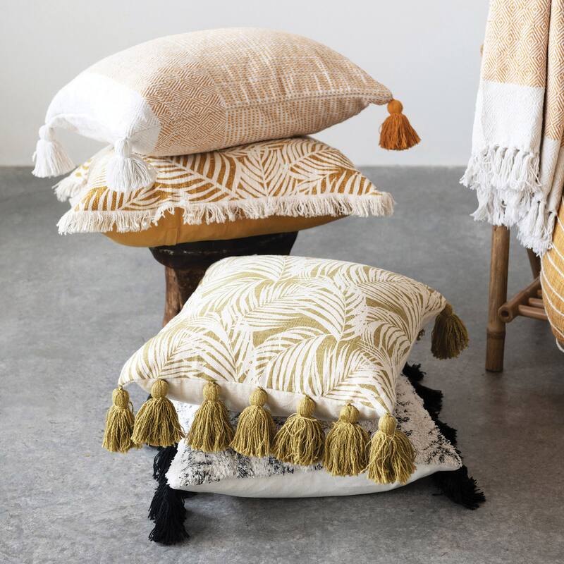 Cotton Pillow with Palm Frond Pattern & Tassels, Green and Natural