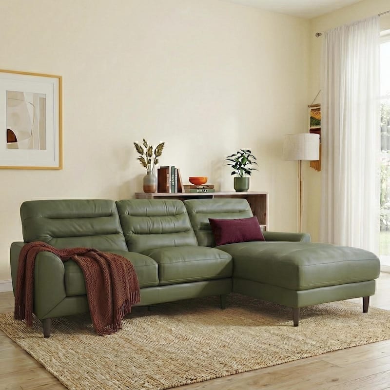 Chandler Genuine Leather Sectional Sofa with Padded Arms - Green Leather