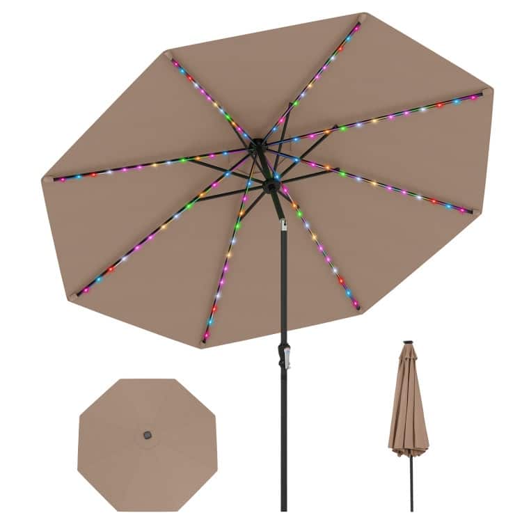 Polyester Metal Solar Patio Umbrella with LED Lights - Coffee